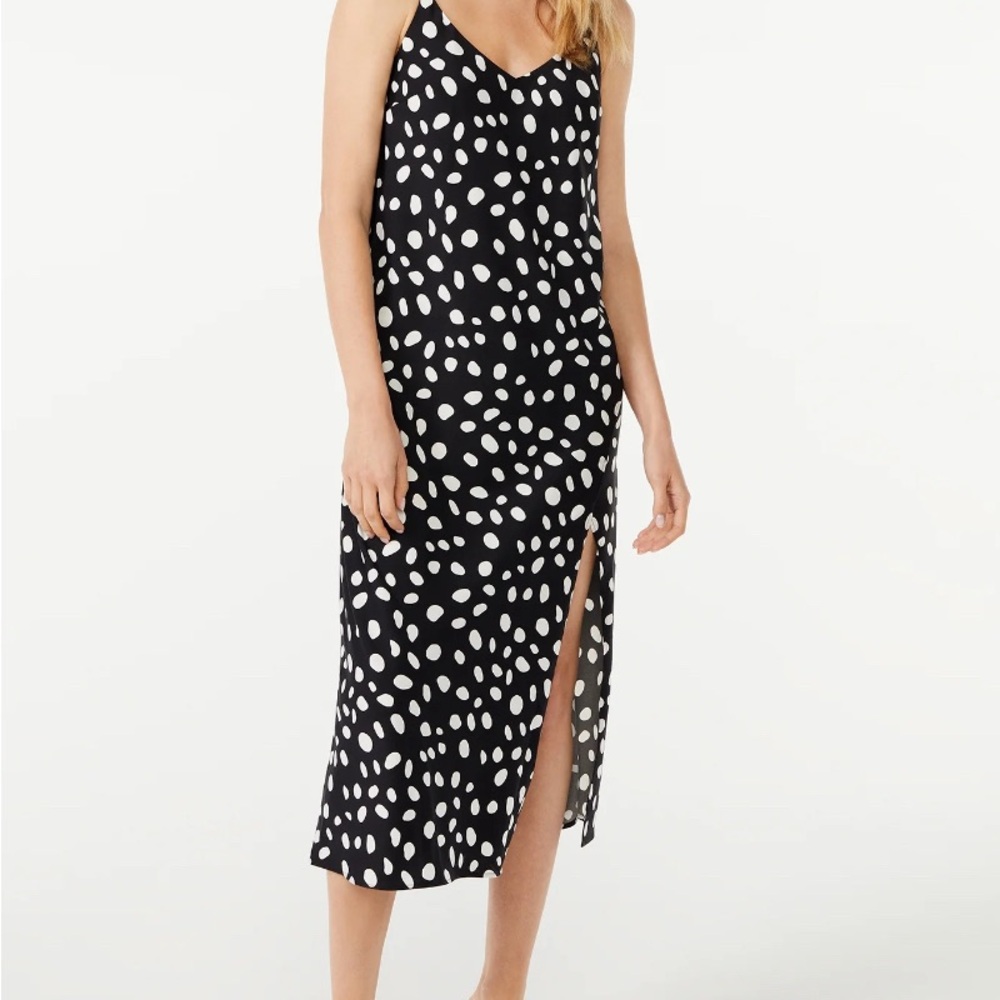 Walmart Scoop Black and White Polka Dot Satin Midi Dress, Medium (8-10)